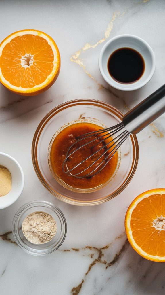 A small glass mixing bowl filled with a vibrant orange sauce being whisked together