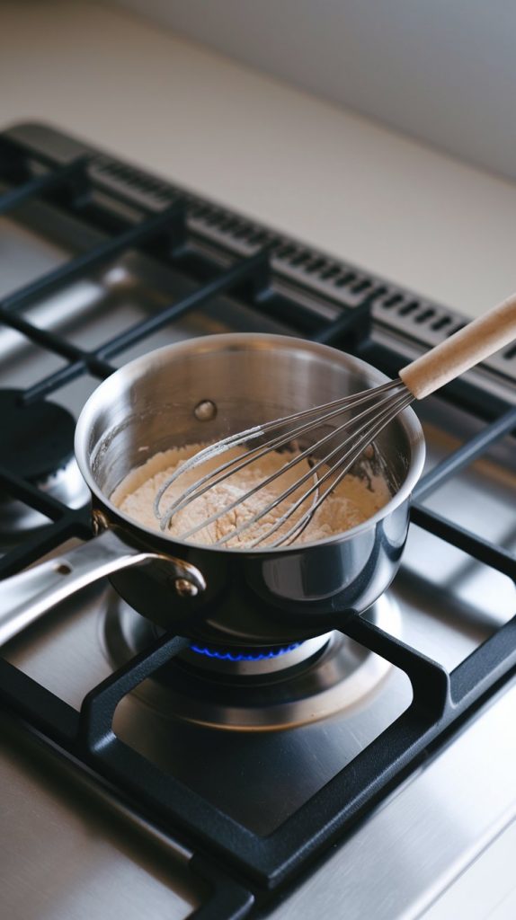 Small saucepan on a stovetop with butter melting and flour being whisked in