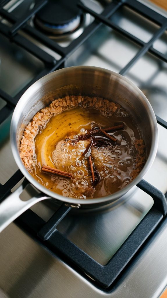 A small saucepan on a modern stainless steel gas stove with brown sugar