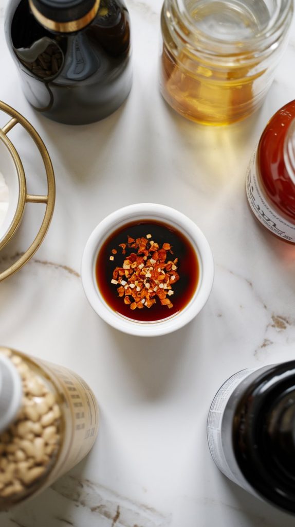 A small white bowl filled with a golden-brown sauce made of soy sauce, sesame oil, rice vinegar, honey, and chili flakes