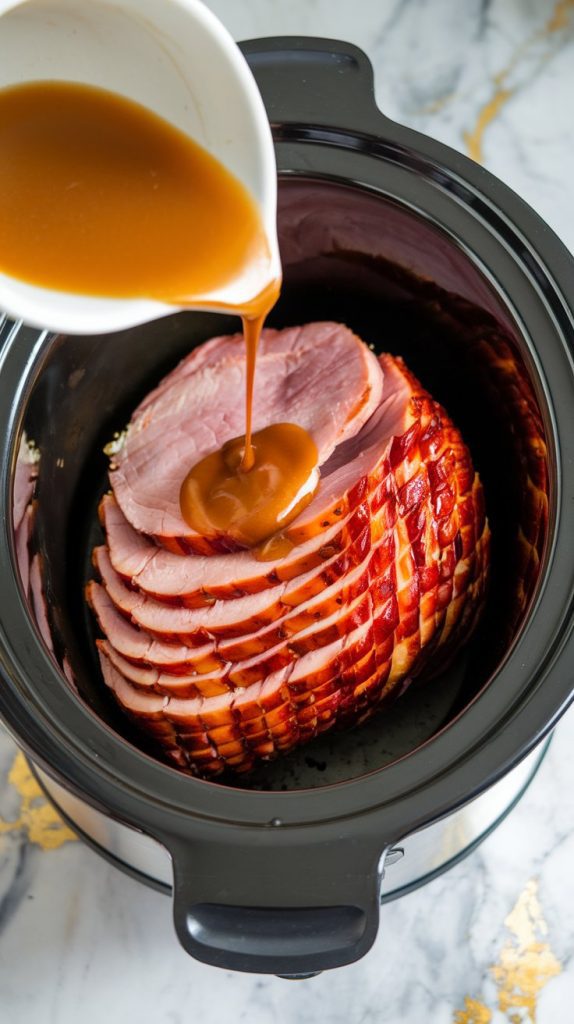 Glaze being poured over a spiral-cut ham in the Crockpot