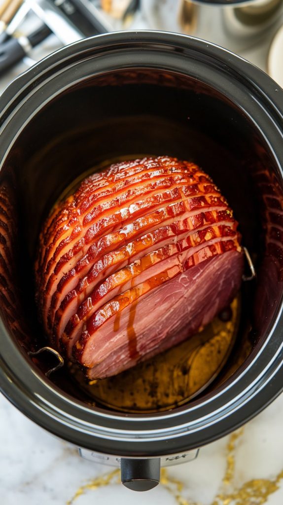 A spiral-cut ham in a slow cooker, brushed with a golden honey-brown sugar glaze