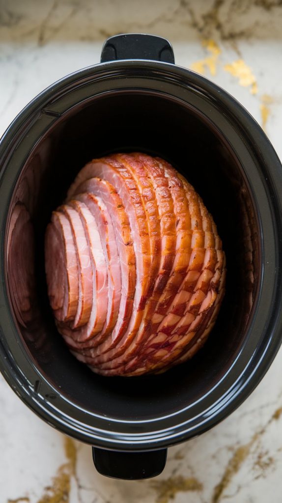 a spiral-cut ham nestled in a large slow cooker