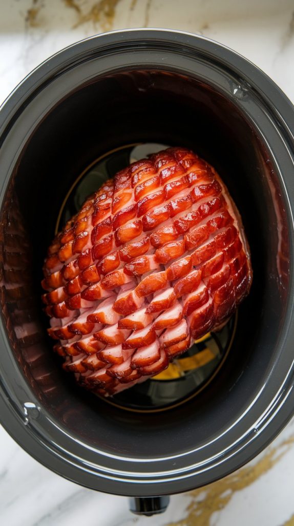 A spiral-cut ham placed flat-side down in a slow cooker