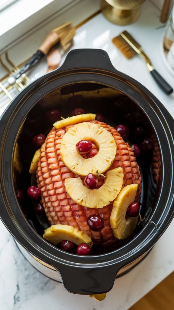 A spiral ham topped with pineapple slices and cherries in a slow cooker