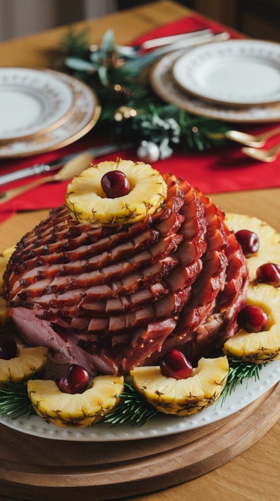 A spiral ham resting on a white platter