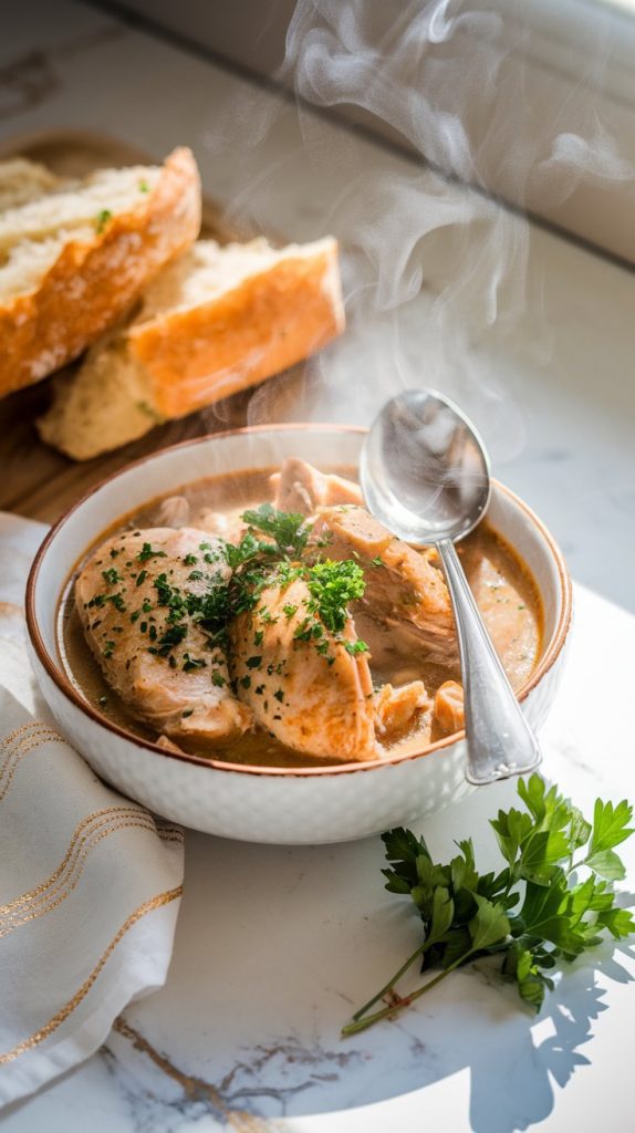 A steaming bowl of chicken stew garnished with chopped parsley