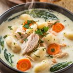 a steaming bowl of creamy chicken gnocchi soup