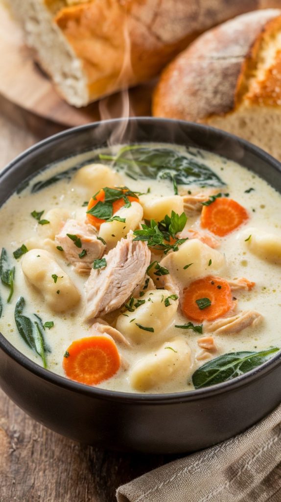 a steaming bowl of creamy chicken gnocchi soup