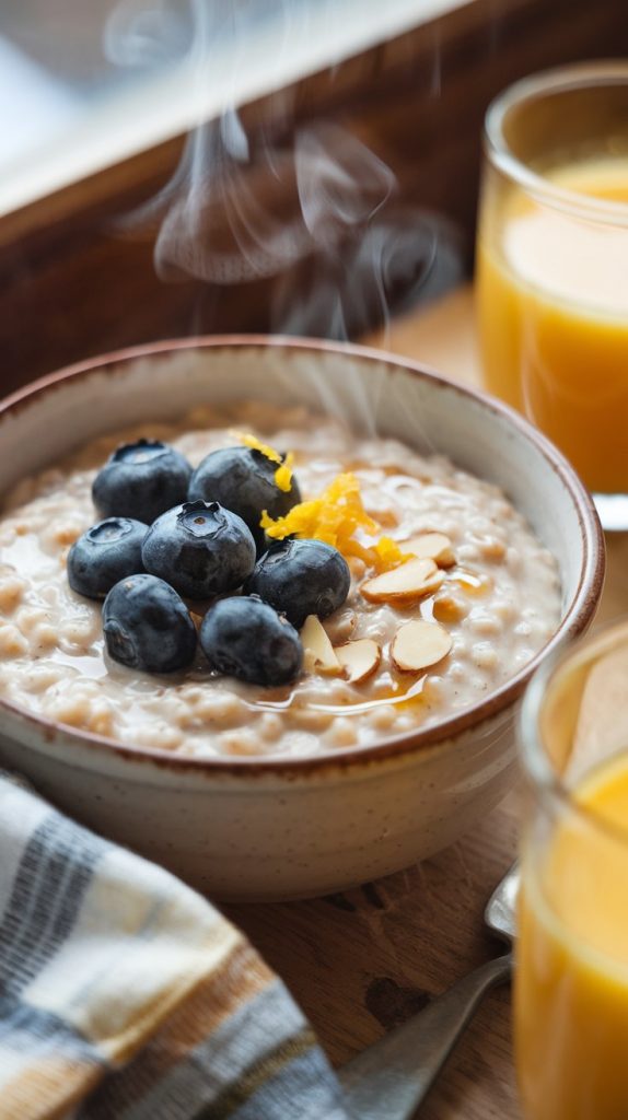 A steaming bowl of creamy overnight oatmeal topped with fresh blueberries