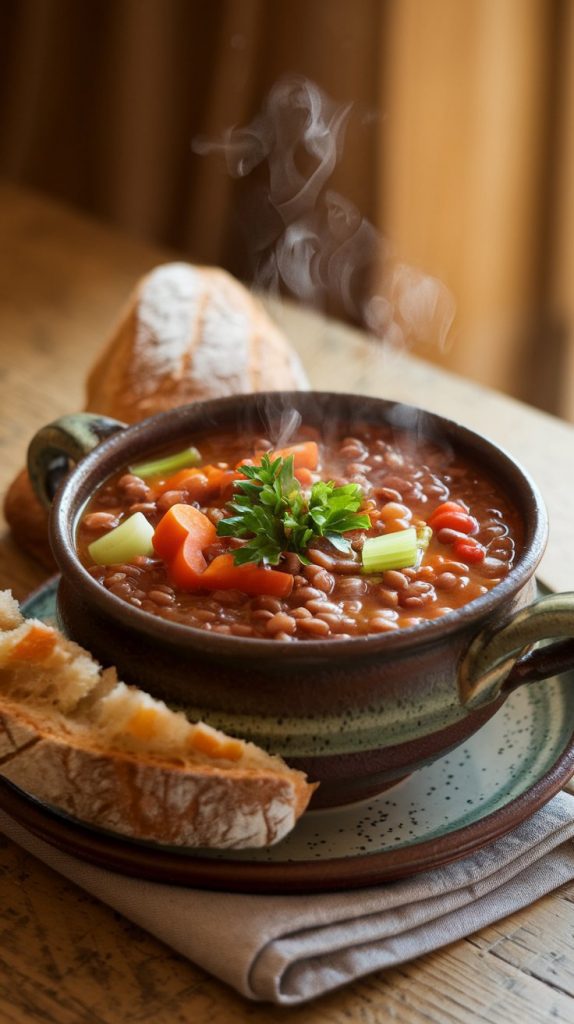 A bowl of hearty lentil soup with vibrant spinach and vegetables, topped with a slice of lemon on the side for garnish