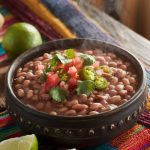 A steaming bowl of Mexican-style pinto beans with a sprinkle of fresh cilantro