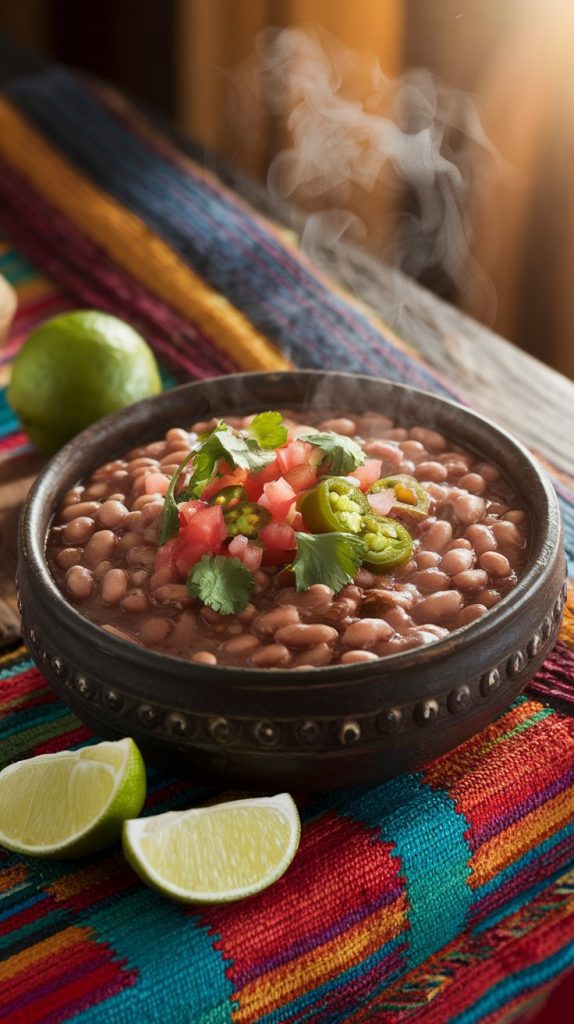 A steaming bowl of Mexican-style pinto beans with a sprinkle of fresh cilantro