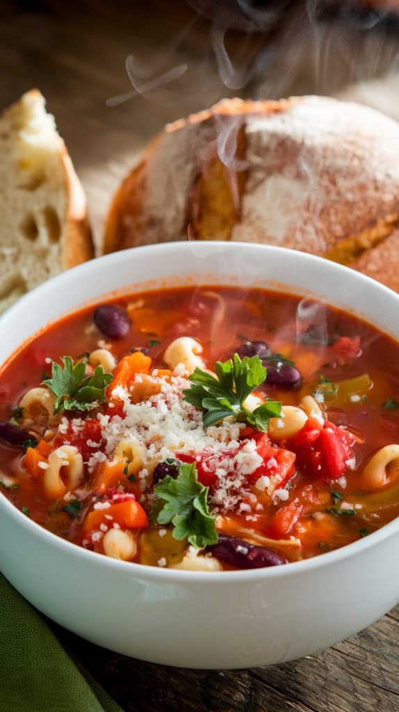 A steaming bowl of minestrone soup served with grated Parmesan and parsley on top