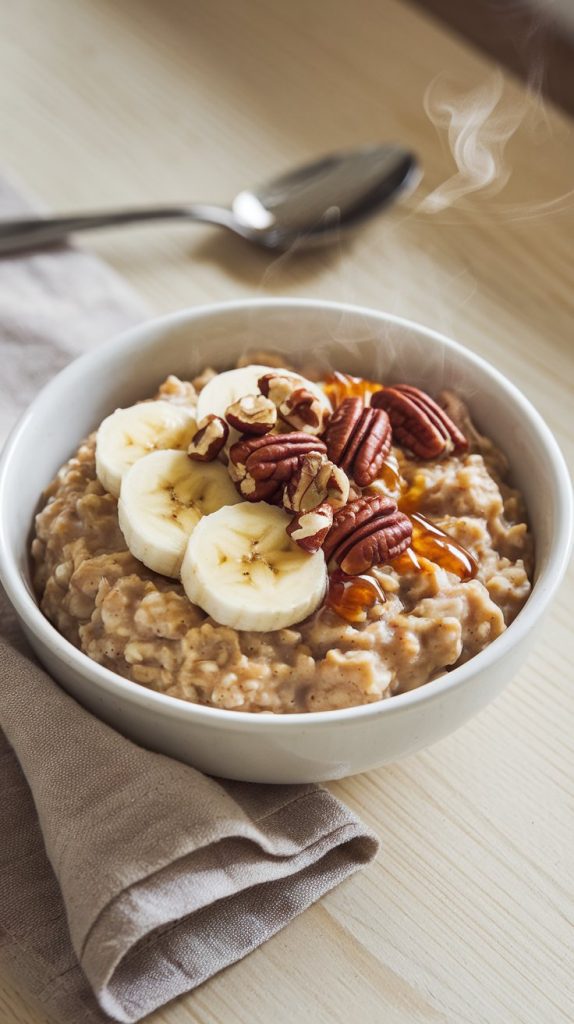 A steaming bowl of slow-cooked maple brown sugar oatmeal topped with fresh banana slices