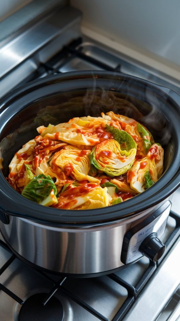 A steaming slow cooker with vibrant cabbage stir fry halfway through cooking