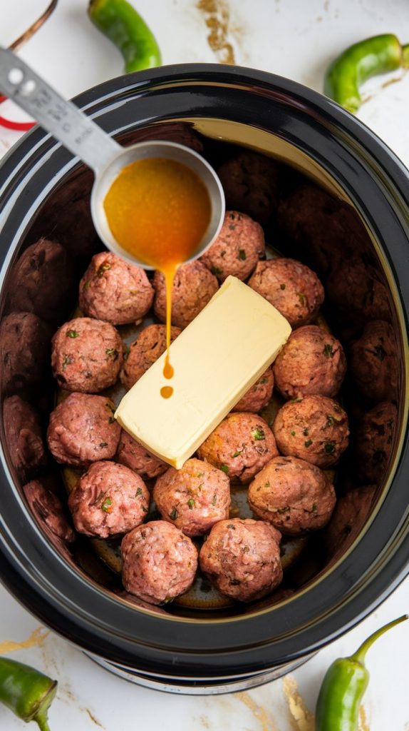 A stick of butter placed on top of seasoned meatballs