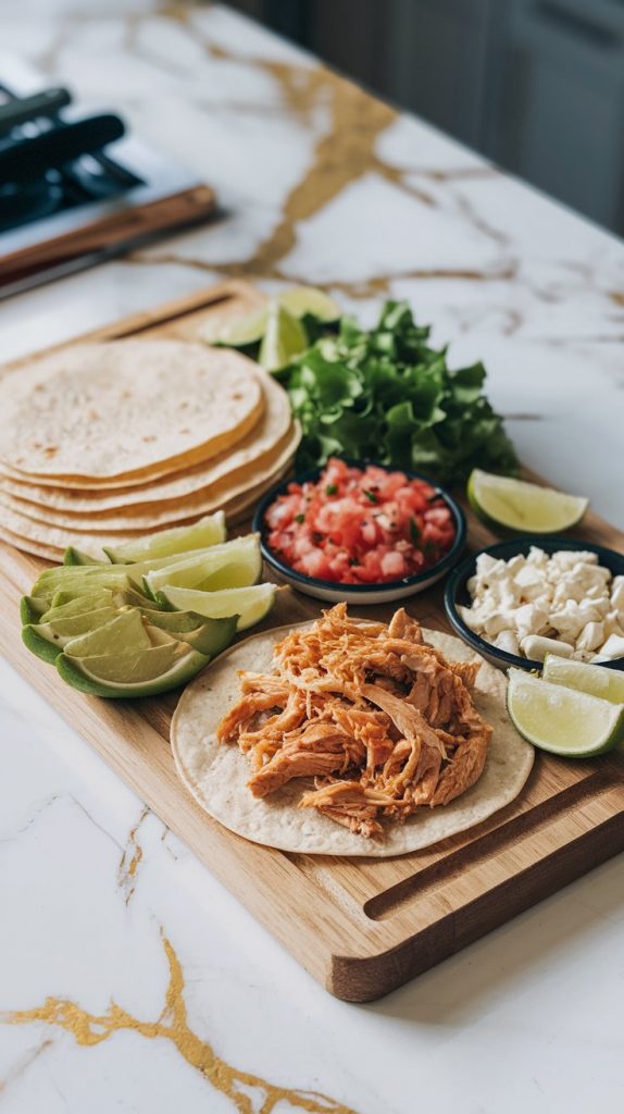 a taco assembly station: shredded chicken, warm tortillas, and various toppings