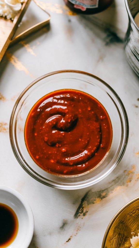 a clear glass mixing bowl with sweet chili sauce, grape jelly, soy sauce, rice vinegar