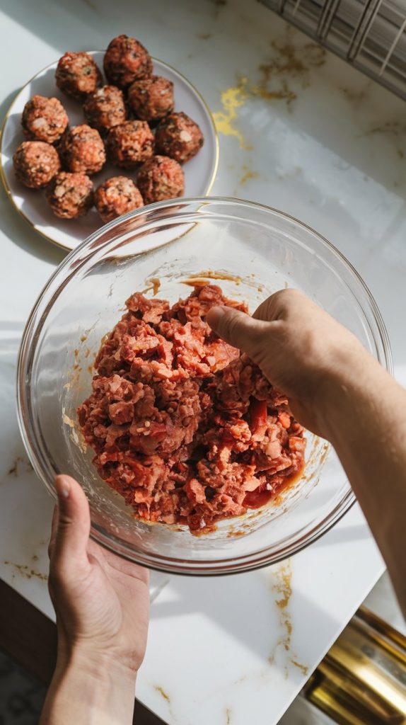 a glass bowl with all meatball ingredients being mixed together by hand