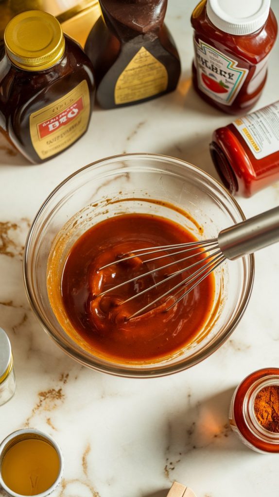 a glass mixing bowl filled with a thick, glossy honey BBQ sauce being whisked together