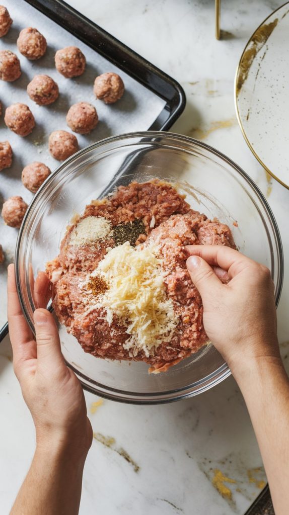 a mixing bowl with ground turkey, breadcrumbs, grated Parmesan