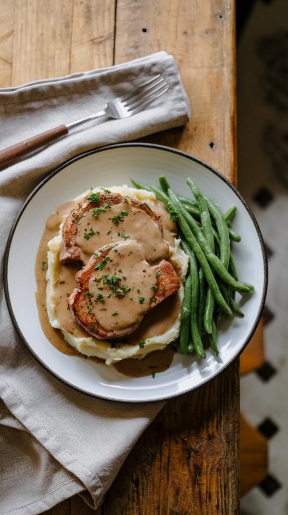 plated pork chops over mashed potatoes, smothered in gravy, garnished with parsley