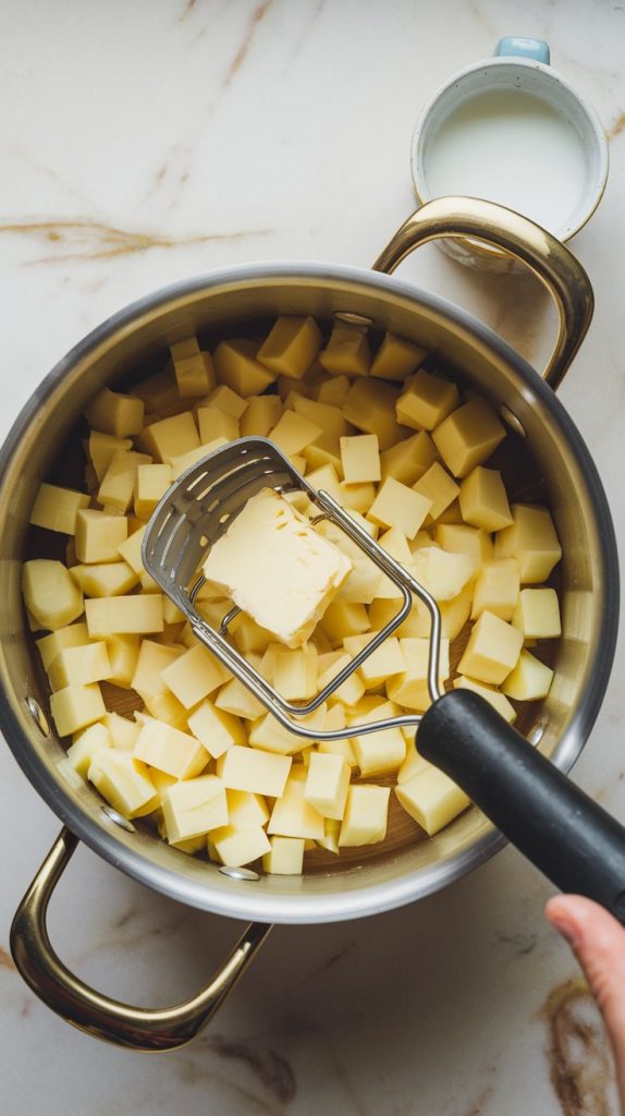 a pot with cooked potato cubes being mashed with a potato masher