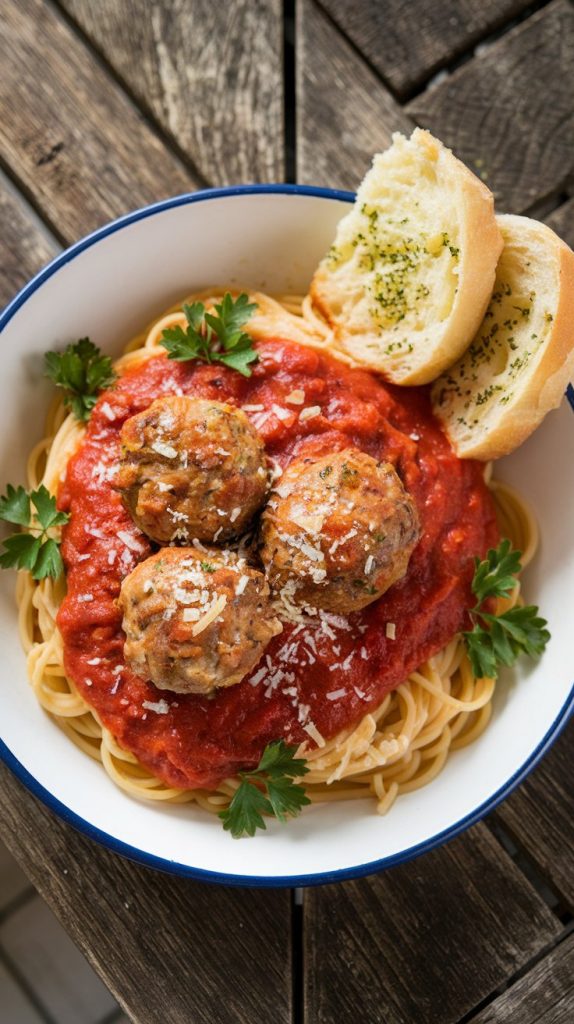 a serving of spaghetti topped with homemade meatballs and marinara sauce