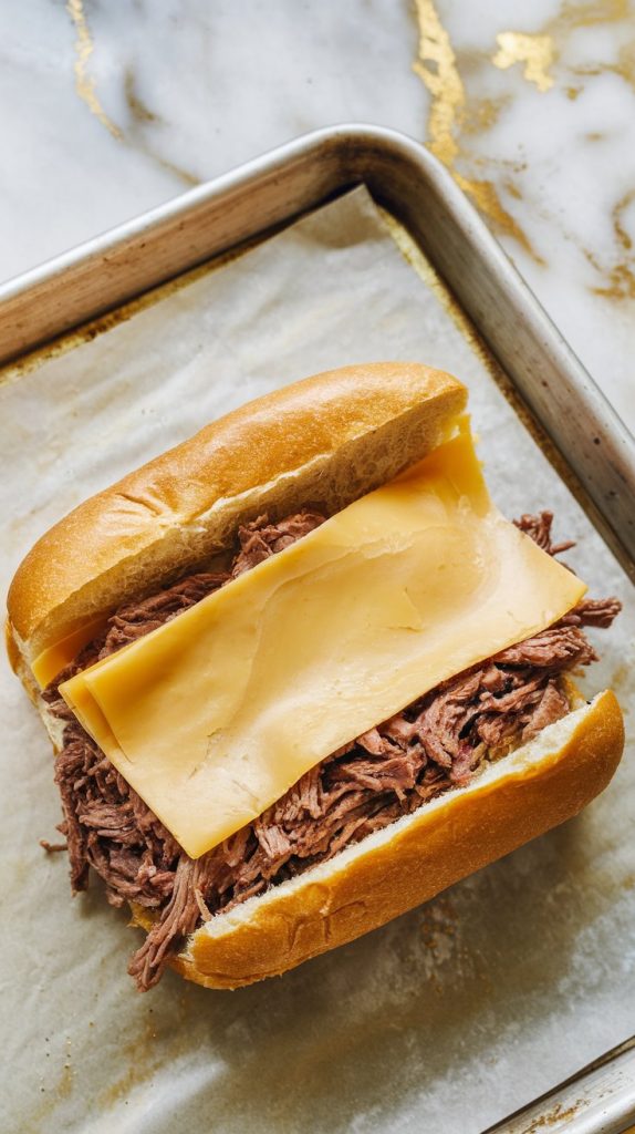 an open sandwich being assembled, with shredded beef and provolone cheese layered on a golden hoagie roll