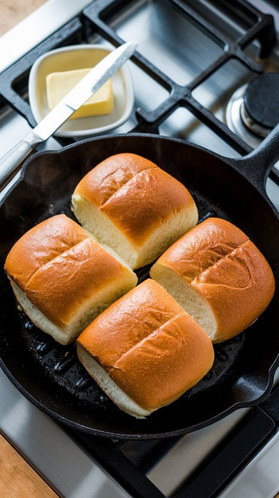 buttered hoagie rolls on a hot skillet, toasting to a golden brown