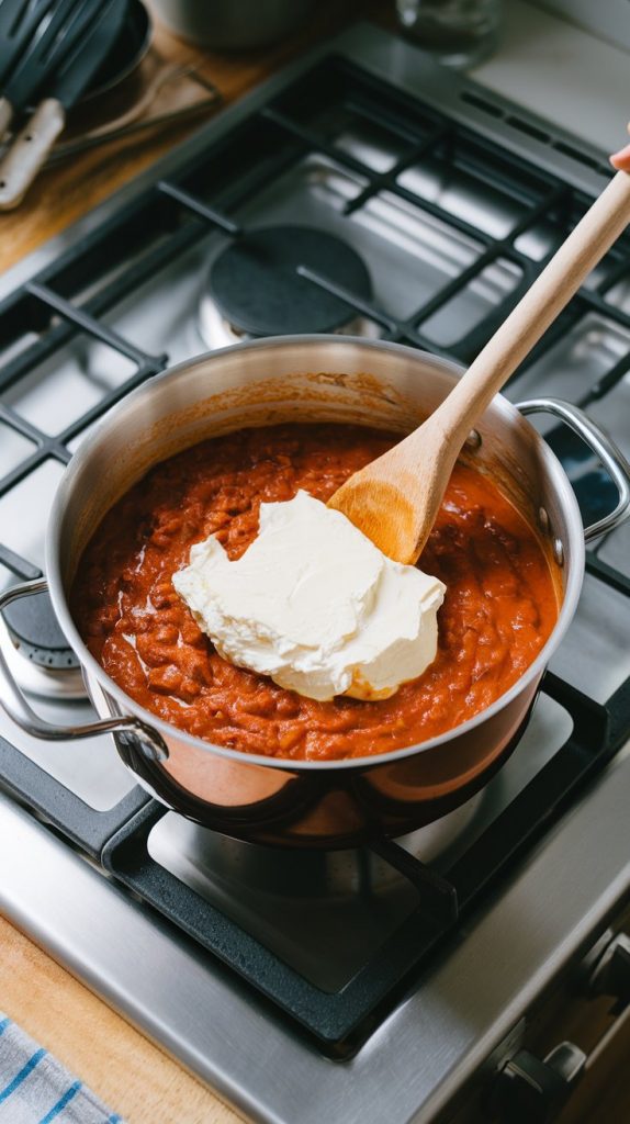 cream cheese being stirred into the chili, making it creamy and smooth