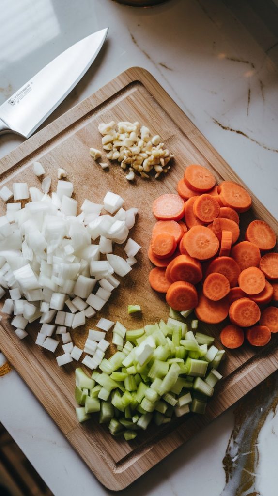 diced onions, sliced carrots and celery, and minced garlic on a wooden cutting board