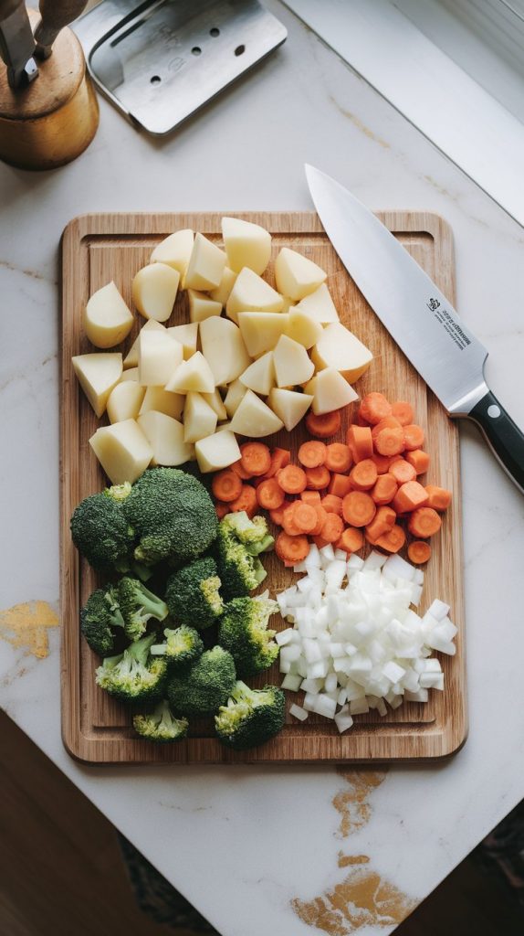 Top-down shot of diced potatoes, chopped broccoli florets, diced carrots