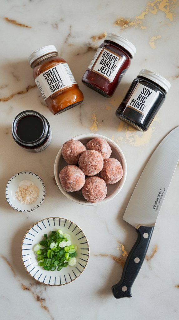 frozen meatballs in a bag, a jar of sweet chili sauce, grape jelly