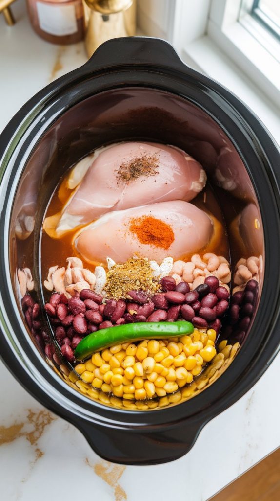 raw chicken breasts, chicken broth, beans, corn, green chiles, and spices layered in a crockpot