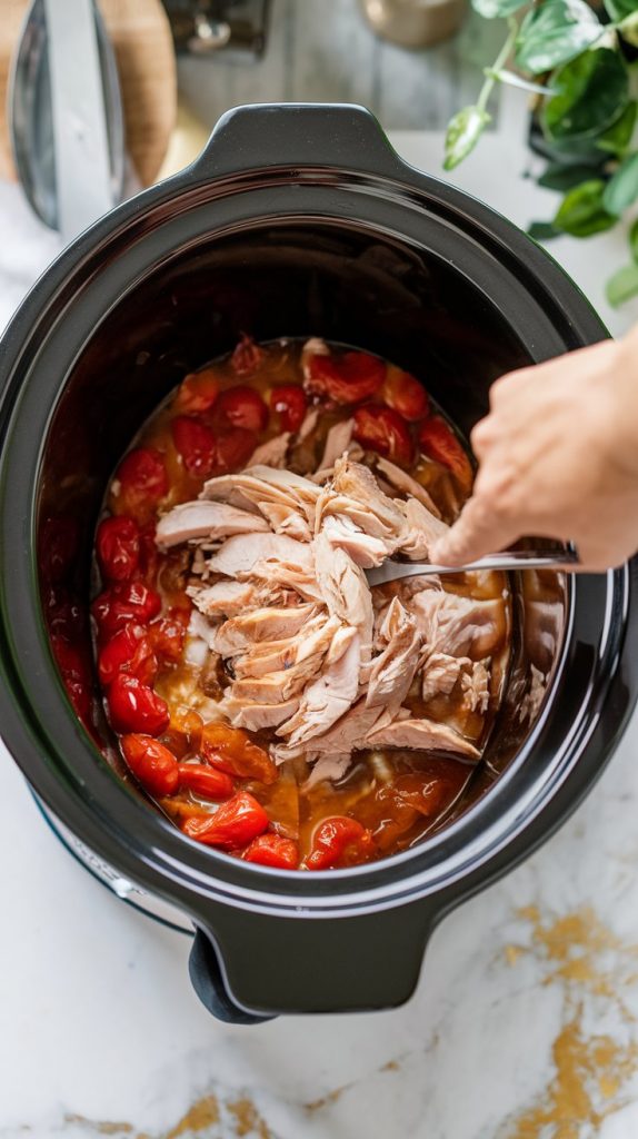 shredded chicken being mixed back into the crockpot filled with juicy broth and tomatoes