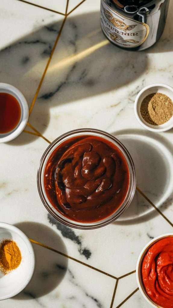 a small bowl filled with a rich, dark beer sauce mixture, with ingredients like a bottle of dark beer