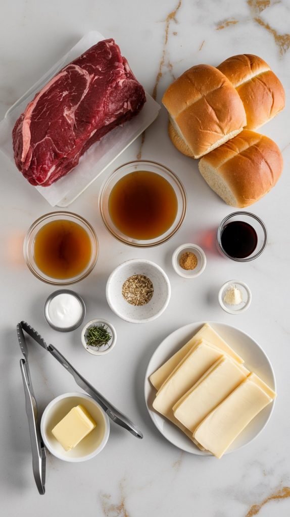 all the ingredients for Crockpot French Dip Sandwiches