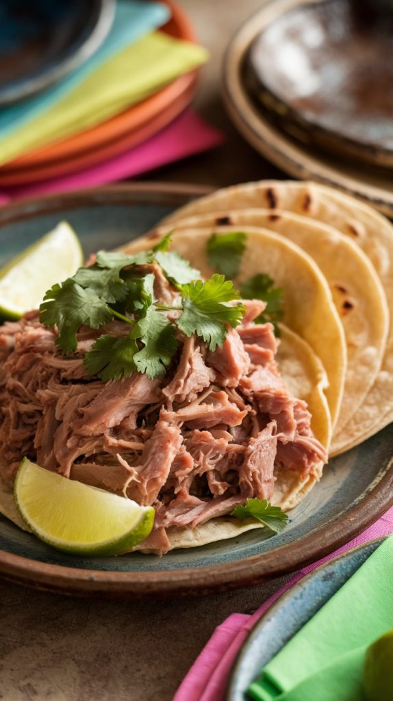 A vibrant taco spread with carnitas, lime wedges, fresh cilantro