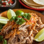 A warm and inviting plate of slow-cooked carnitas chicken, shredded and glistening with juices