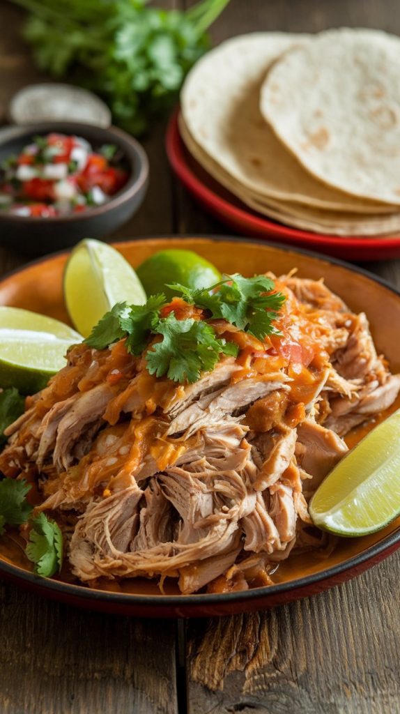 A warm and inviting plate of slow-cooked carnitas chicken, shredded and glistening with juices