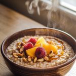 A warm bowl of creamy brown sugar oatmeal topped with fresh fruit, nuts