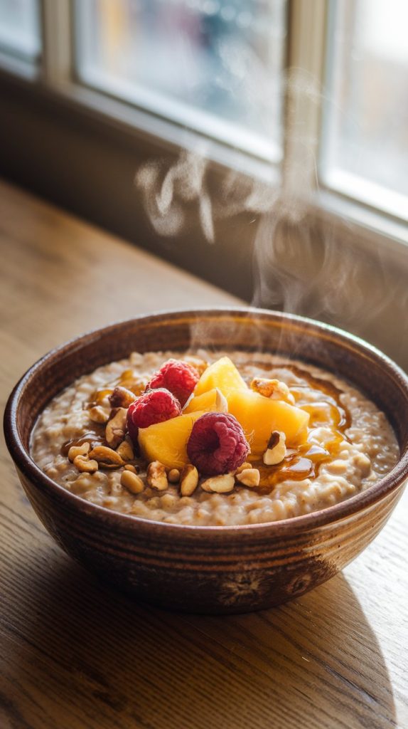 A warm bowl of creamy brown sugar oatmeal topped with fresh fruit, nuts