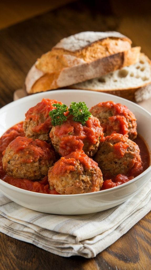 A serving of crockpot meatballs in a white bowl