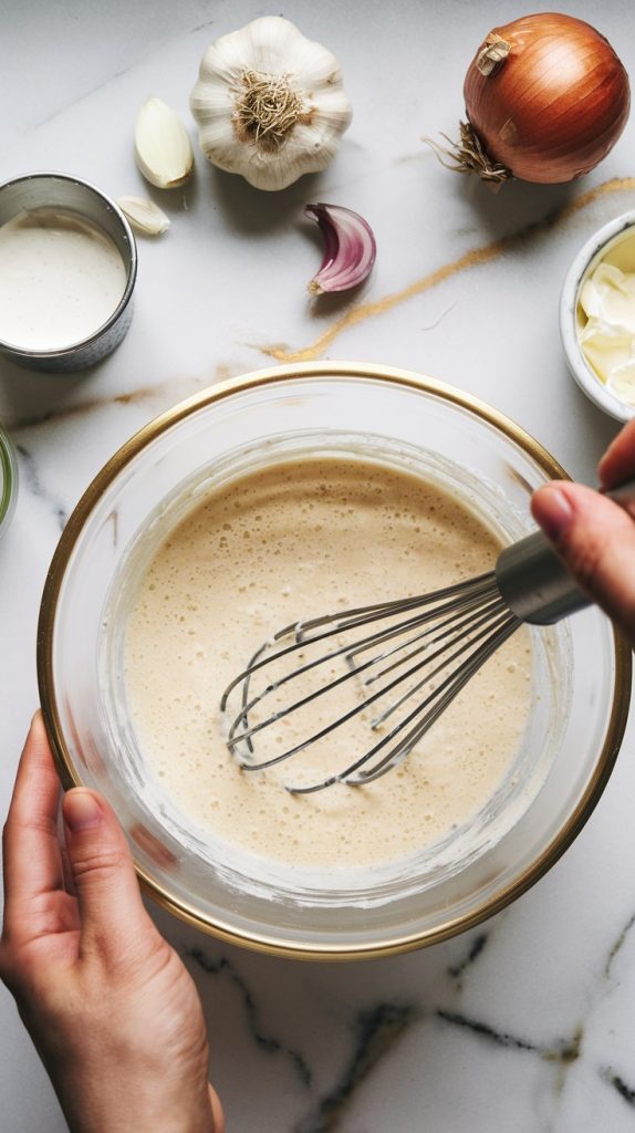 A mixing bowl filled with a creamy sauce mixture, being whisked by hand