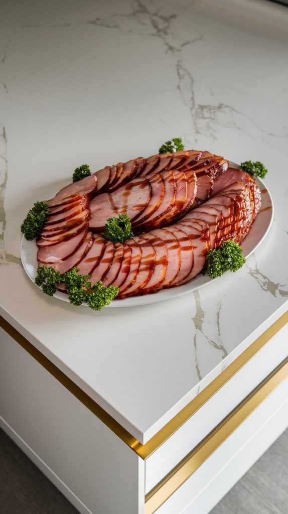 Sliced ham arranged on a white platter, drizzled with glaze and garnished with fresh parsley