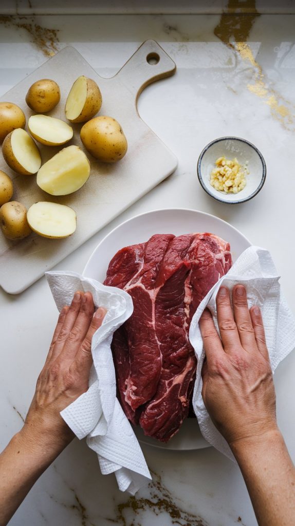 halved baby potatoes on a cutting board, raw beef stew meat being patted dry with paper towels