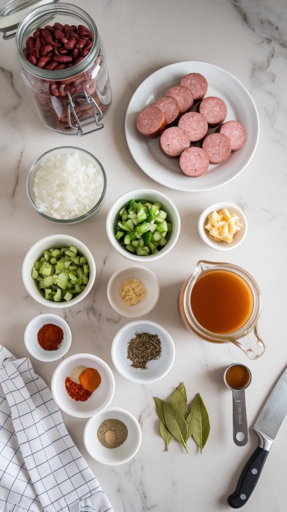 all the ingredients for Crockpot Red Beans and Rice