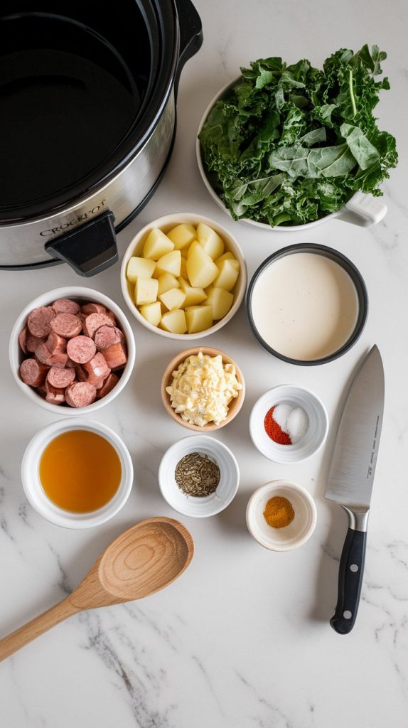 All the ingredients for Crockpot Sausage Kale Soup laid out